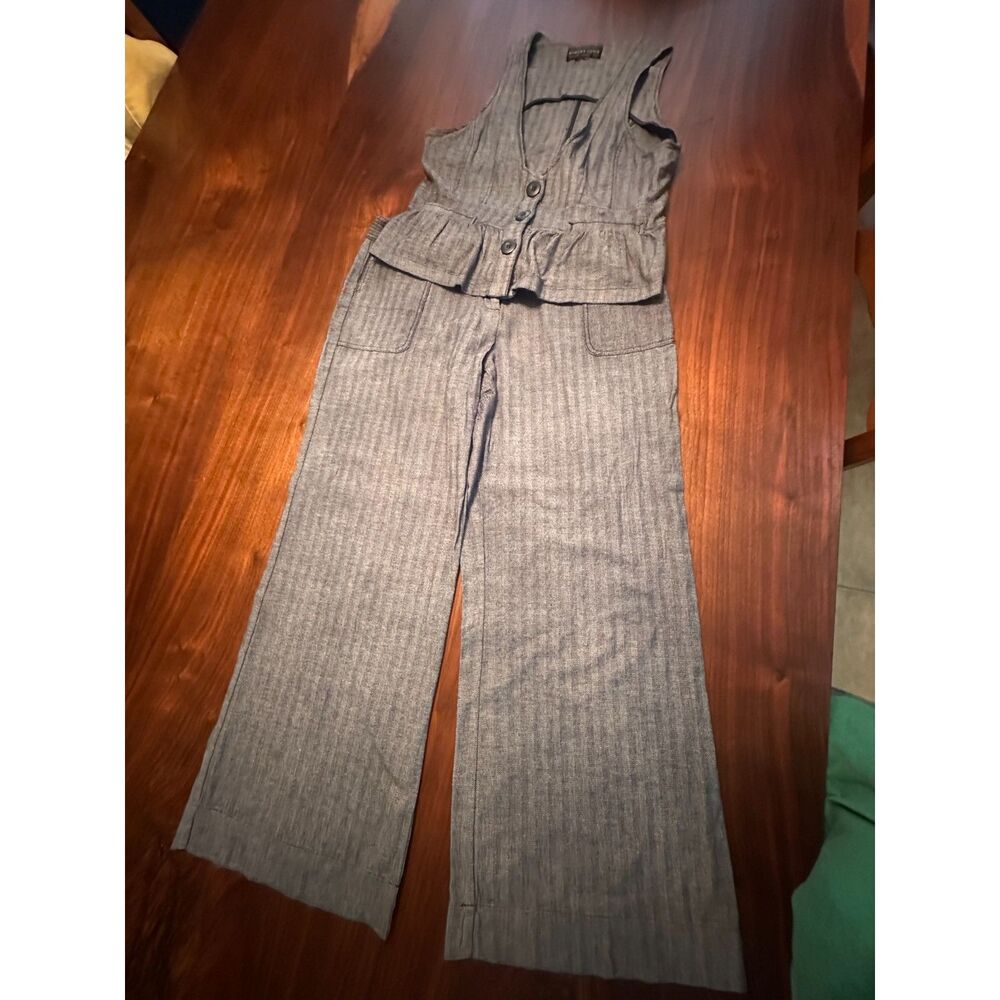 Vtg Robert Louis Pinstripe Two-Piece Set – Peplum Vest & Wide Leg Pant Size 14W